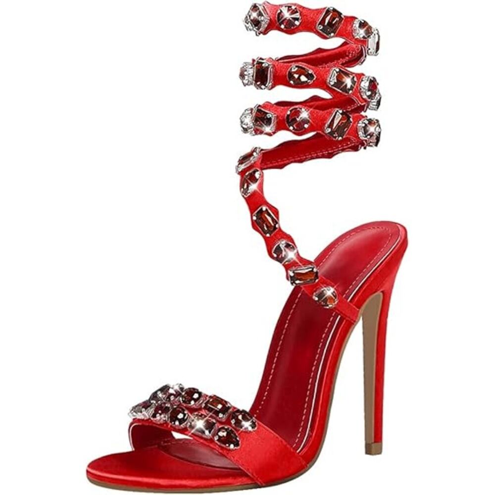 Lishan Womens Size 7.5 Red Satin Rhinestone Open Toe 5" Heel Ankle Wrap Shoes